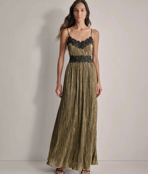 DKNY Women's Pleated Metallic Lace-Trim Sleeveless Gown Gold Size 14