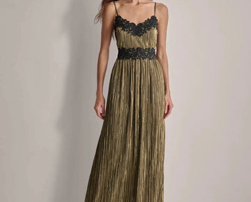 DKNY Women's Pleated Metallic Lace-Trim Sleeveless Gown Gold Size 14