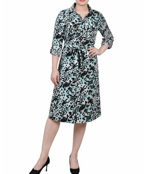 NY Collection Petite Printed Long Sleeve Roll Tab Shirtdress Green Black Size PL