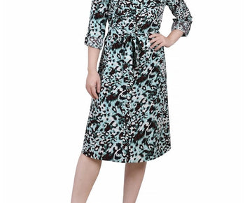 NY Collection Petite Printed Long Sleeve Roll Tab Shirtdress Green Black Size PL