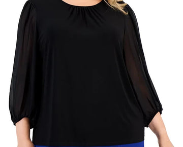 Kasper Crewneck Chiffon-Sleeve Knit Top Black Plus Size 1X MSRP $79