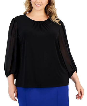 Kasper Crewneck Chiffon-Sleeve Knit Top Black Plus Size 1X MSRP $79