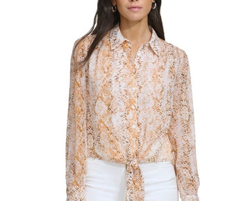 Calvin Klein Women's Printed High-Low Tie-Waist Blouse ORANGE Size XS MSRP $90