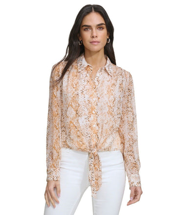 Calvin Klein Women's Printed High-Low Tie-Waist Blouse ORANGE Size XL MSRP $90