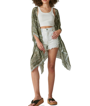 Lucky Brand Women's Printed Lightweight Kimono Top Olive Green Size OS MSRP $70