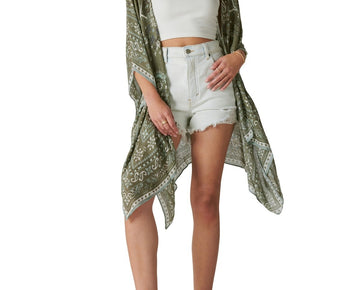 Lucky Brand Women's Printed Lightweight Kimono Top Olive Green Size OS MSRP $70