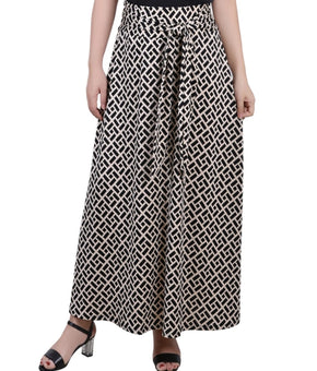 NY Collection Women's Missy Maxi Skirt with Sash Waist Tie Black Beige Size L