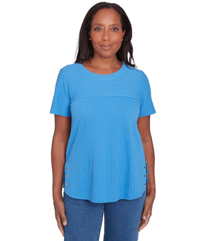 Alfred Dunner Womens Petite Solid Textured Short Sleeve Tee Blue Size PL