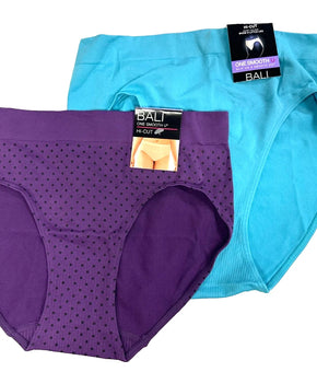 Bali Womens 2-Pack Smooth U Hi-Cut Brief Size XL/8 Blue Purple Dot Nylon Spandex