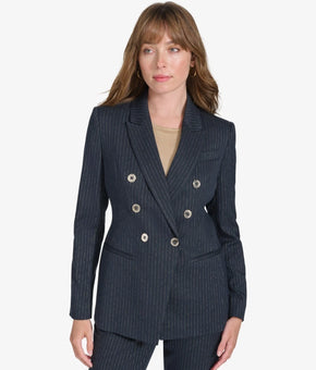 Tommy Hilfiger Double Breasted Metallic Pinstriped Blazer Navy Size 12 MSRP $169