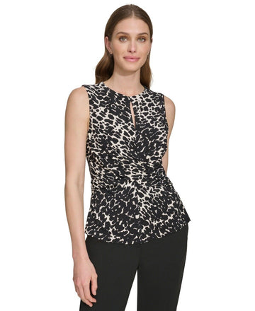 DKNYWomen Printed Sleeveless Criss-Cross-Drape Top Black/Cloud Sz XL MSRP $49