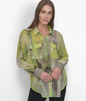 DKNY Women's Button-Front Printed Chiffon Polyester Blouse Green Size XS $89