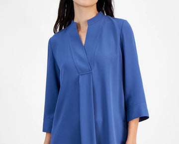 Anne Klein Women's Pleat-Front 3/4-Sleeve Tunic Top Blue Size L MSRP $89