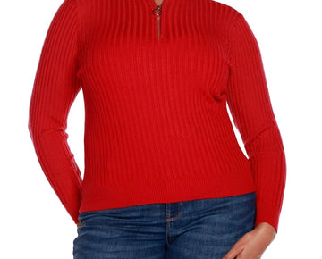 Belldini Black Label Plus Size 3X Ribbed Mock Neck Half-Zip Red Sweater MSRP $88
