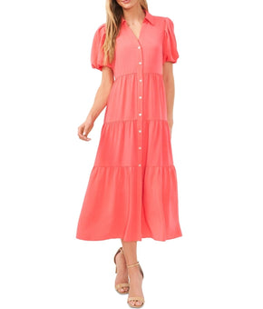 CeCe Women's Collared Short-Sleeve Tiered Shirtdress Coral Red Size S MSRP $119