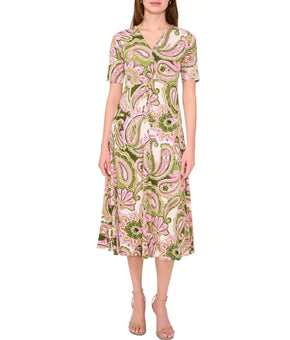 MSK Women's Printed V-Neck Short-Sleeve Midi Dress Twist Olive Green Size M $79