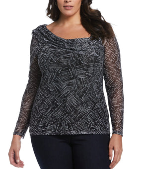 ELLA Rafaella Plus Size 1X Printed Asymmetrical Mesh Top Black Cowl Neck $79