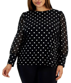Anne Klein Blouse Womens Plus Size 2X Black Polka Dot Balloon Sleeve $89