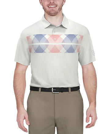 PGA TOUR Men's Argyle Print Short Sleeve Golf Polo Shirt WHITE Size S MSRP $68