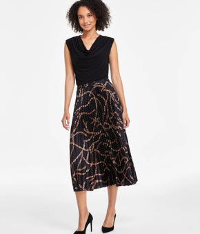 Anne Klein Women Chain-Print Pull-On Pleated Midi Skirt Black Size XXL MSRP $119