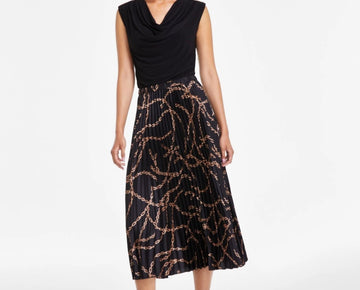 Anne Klein Women Chain-Print Pull-On Pleated Midi Skirt Black Size XXL MSRP $119