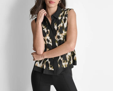 DKNY Women's Printed Sleeveless Button-Front Blouse Black Size XL MSRP $79
