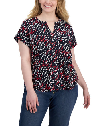 Tommy Hilfiger Plus Size Ditsy Floral Cap-Sleeve Top Black Red Size 1X MSRP $70