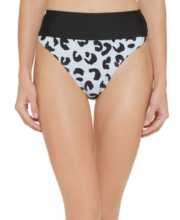 DKNY Women's Printed High Waist Bikini Bottom Swimsuit Black Size M Blue Black