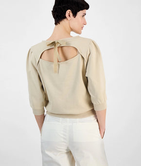 BOSS Orange 3/4-sleeves Cotton Tie Back-Cutout Sweatshirt Beige Size XL $98