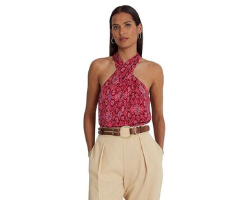 LAUREN Ralph Lauren Shantung Halter Blouse Pink Women's Pink Size XL MSRP $145