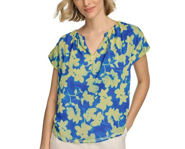 Calvin Klein Womens Short Sleeve Floral-Print Blouse Blue Green Size XS MSRP $99