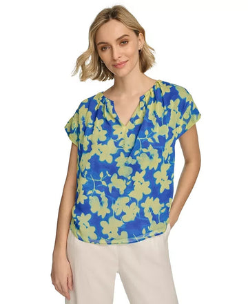Calvin Klein Womens Short Sleeve Floral-Print Blouse Blue Green Size XS MSRP $99