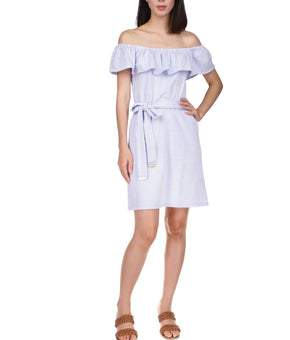 MICHAEL KORS Womens Blue Pocketed Tie Ruffled Striped Off Shoulder Dress Size XL