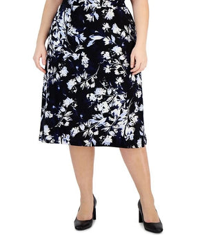 Kasper Plus Size 1X Floral-Print Pull-On Flared Midi Skirt Navy Black MSRP $79