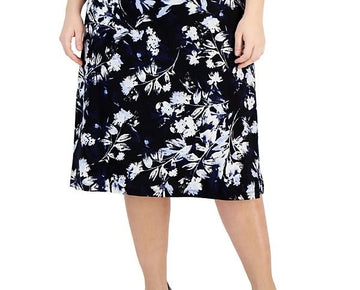 Kasper Plus Size 1X Floral-Print Pull-On Flared Midi Skirt Navy Black MSRP $79