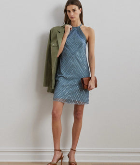 Lauren Ralph Lauren Beaded Mesh Halter Cocktail Dress Blue Size 10 MSRP $395