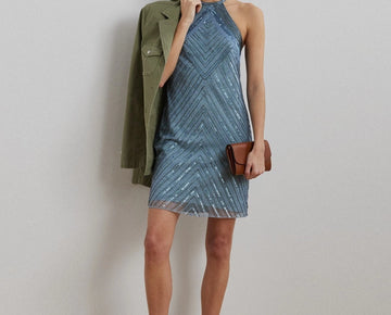 Lauren Ralph Lauren Beaded Mesh Halter Cocktail Dress Blue Size 10 MSRP $395