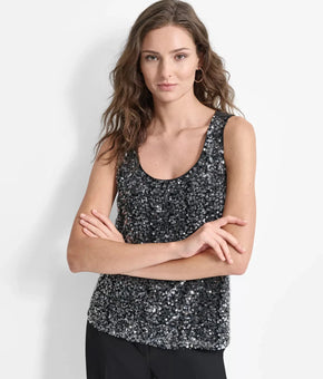 DKNY Women's Sequined Scoop-Neck Sleeveless Tank Top Black Size M MSRP $79