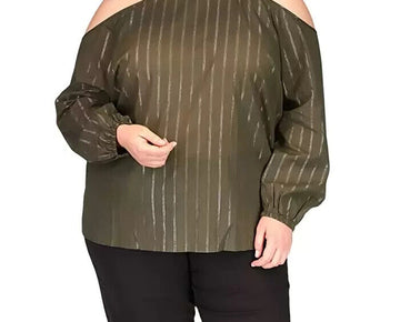 Michael Kors Plus Size Metallic-Stripe Cold-Shoulder Top Green Size 2X MSRP $88