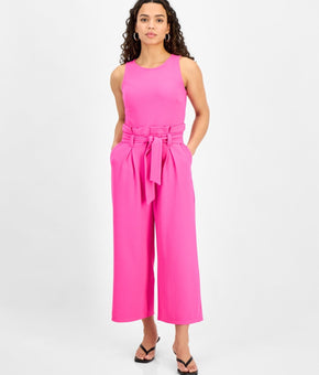 Bar Iii Women Sleeveless Crewneck Tie Waist Jumpsuit Pinkadelic Size PS Pink $60