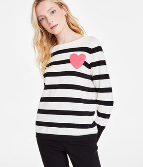 Jones New York Women's Striped Heart Boat-Neck Sweater Black Size XS MSRP $100