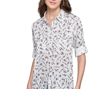 KARL LAGERFELD PARIS Petite Printed Utility Button-Down Top White Size PXL $79