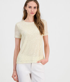Anne Klein Women's Sequined T-Shirt Cream Size XL MSRP $79