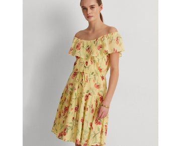 Ralph Lauren Yellow Ruffled Elastic Floral Flutter Dress Size 14 MSRP $145
