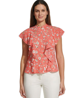 Tommy Hilfiger Women's Floral-Print Ruffled Blouse PINK Size L MSRP $69