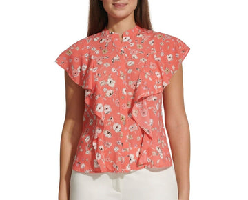 Tommy Hilfiger Women's Floral-Print Ruffled Blouse PINK Size L MSRP $69