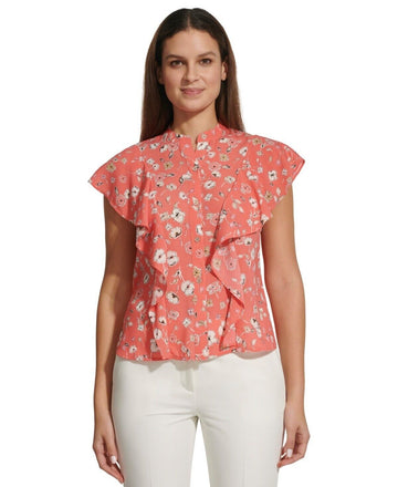 Tommy Hilfiger Women's Floral-Print Ruffled Blouse PINK Size L MSRP $69