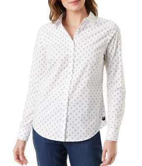 Gloria Vanderbilt Shirt Womens Size M White Diamond Dot Fitted Button-Up Stretch