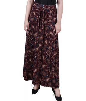 NY Collection Petite Printed Maxi Skirt with Sash Waist Tie Wine Red Size PL