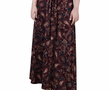 NY Collection Petite Printed Maxi Skirt with Sash Waist Tie Wine Red Size PL
